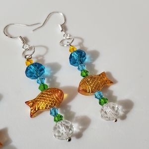 925 STERLING goldfish bubbles earrings hooks fish murano art glass lampwork